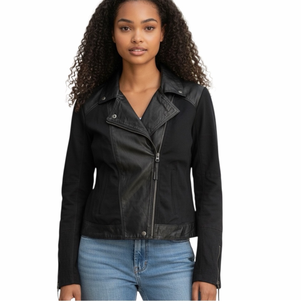 Lucky Brand Mixed Media Moto Jacket Black Leather Cotton Zip Up - Size M